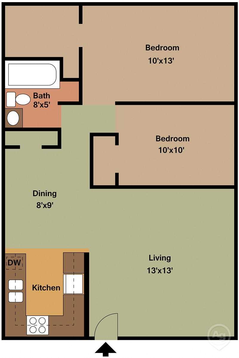 Floor plan for 2 beds, 1 bath, 900 sqft